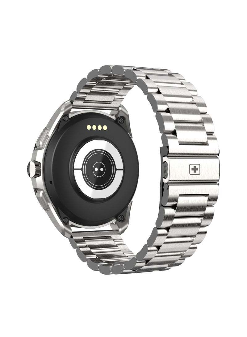 Swiss Military Dom Smartwatch:Call Features,Sports TrackingHeart Rate/Blood Pressure/Oxygen Level Monitoring, Magnetic Charging Base, 5-7 Days Battery Life Compatibility: iOS/Android - Silver