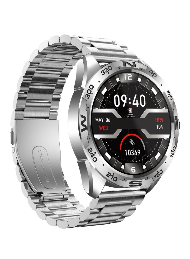 Swiss Military Dom Smartwatch:Call Features,Sports TrackingHeart Rate/Blood Pressure/Oxygen Level Monitoring, Magnetic Charging Base, 5-7 Days Battery Life Compatibility: iOS/Android - Silver