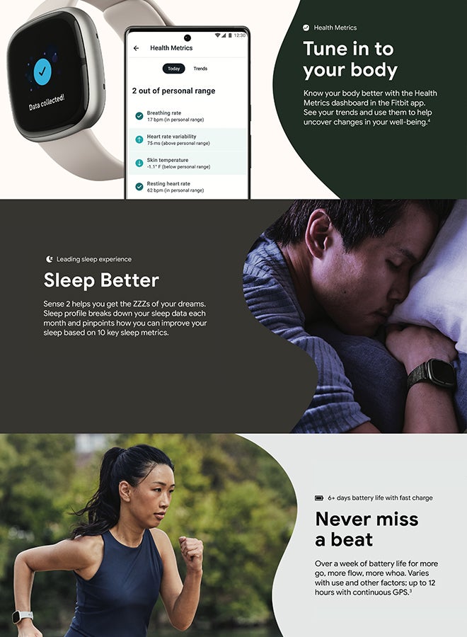 Sense 2, Health and Fitness Smartwatch with built-in GPS, advanced health features, up to 6 days battery life - compatible with Android and iOS Graphite / Graphite Aluminium