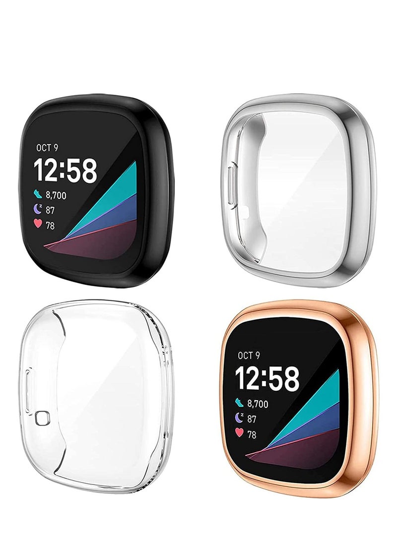 Smart Watch Protective Case, Screen Protector Case Compatible with for Fitbit Sense and Versa 3, Soft TPU Plated Bumper Full Cover Cases for Sense Smartwatch, 4-Pack