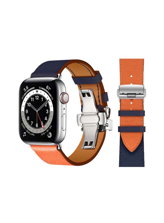 Genuine Leather Replacement Band with Silver Buckle for Apple Watch Series 6/SE/5/4/3/2/1 44/42mm Dark Grey/Orange