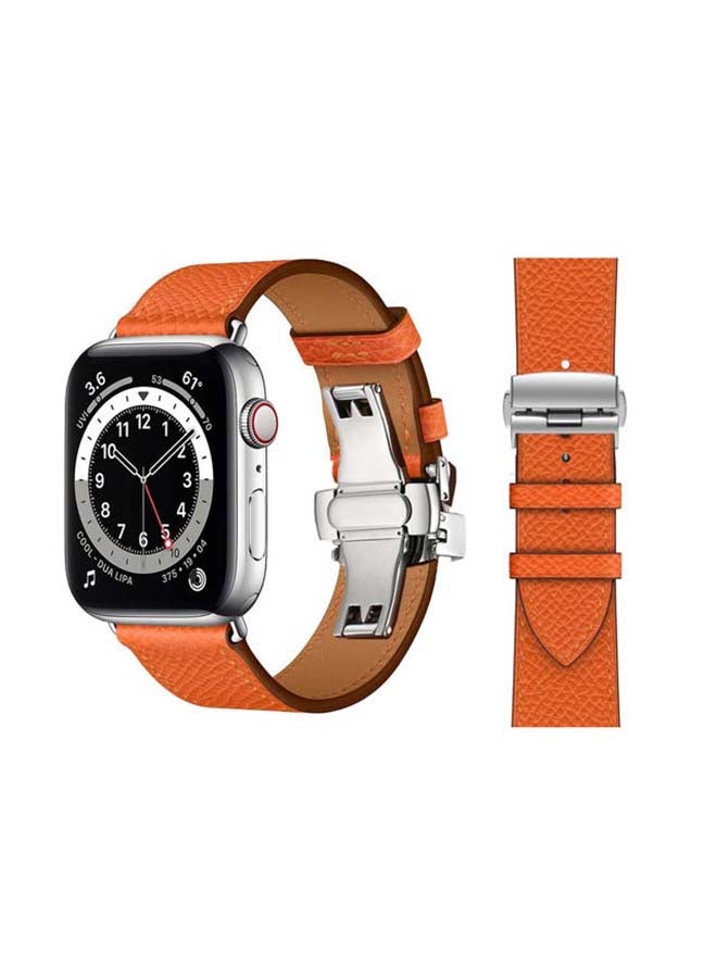 Genuine Leather Replacement Band with Silver Buckle for Apple Watch Series 6/SE/5/4/3/2/1 44/42mm Orange