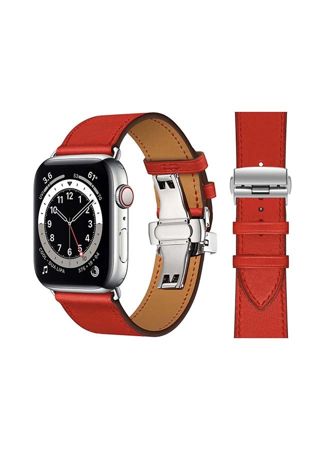 Genuine Leather Replacement Band with Silver Buckle for Apple Watch Series 6/SE/5/4/3/2/1 44/42mm Supreme Red