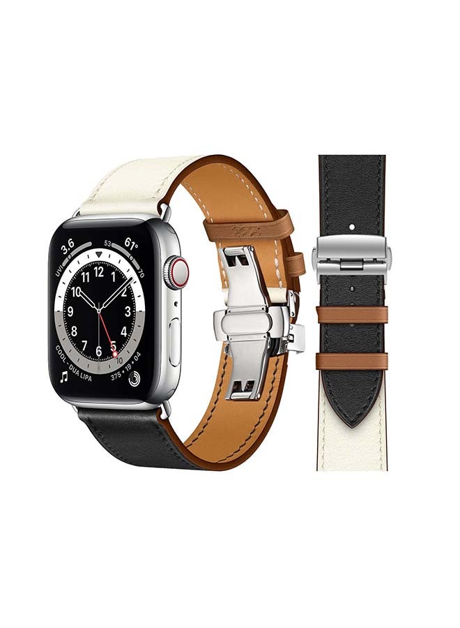 Genuine Leather Replacement Band with Silver Buckle for Apple Watch Series 6/SE/5/4/3/2/1 44/42mm White/Black