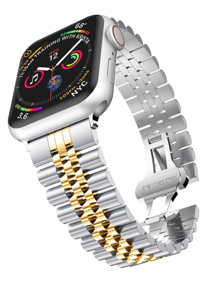Caviar Compatible with Apple Watch Band 41mm 40mm 38mm, iWatch SE& Series 7 6 Band Replacement Stainless Steel Strap with Butterfly Folding Clasp Silver/Gold, 41mm/40mm/38mm