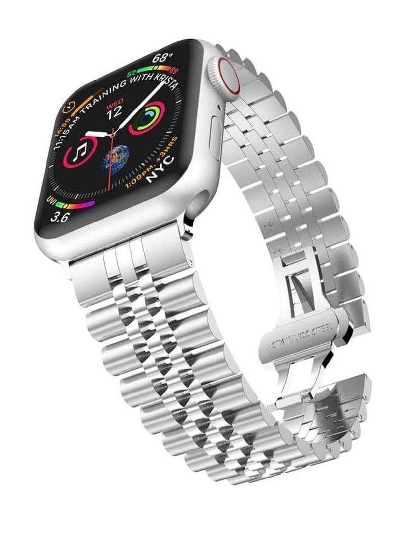 Replacement Stainless Steel Metal Bracelet Band Compatible With Apple Watch 45mm / 44mm / 42mm Silver