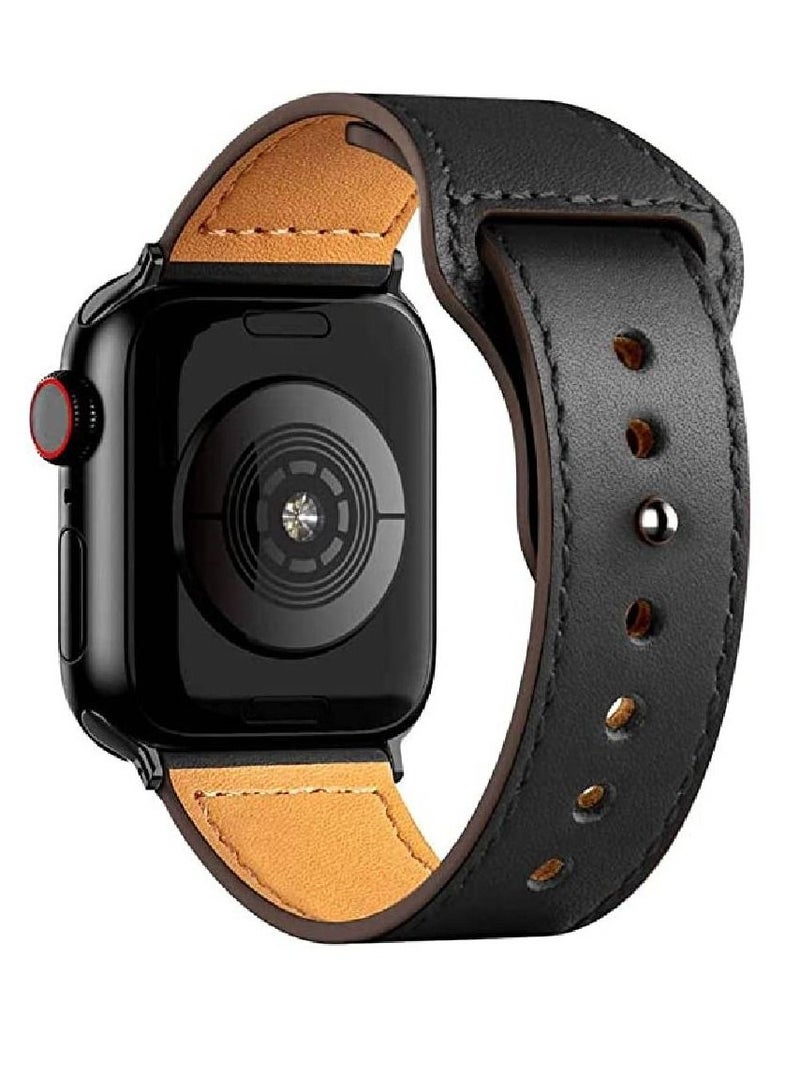 Replacement Genuine Leather Band Compatible With Apple Series 8/7/6/5/4/3/2/1/SE 41mm 40mm 38mm Black