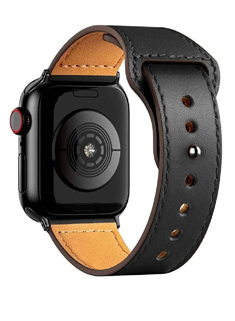 Replacement Genuine Leather Band Compatible With Apple Series 8/7/6/5/4/3/2/1/SE 45mm 44mm 42mm Black