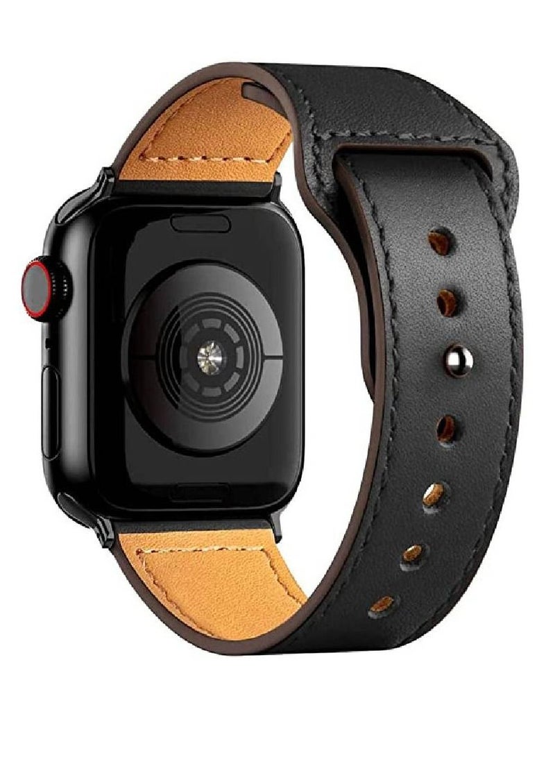 Replacement Genuine Leather Band Compatible With Apple Series 8/7/6/5/4/3/2/1/SE 45mm 44mm 42mm Black