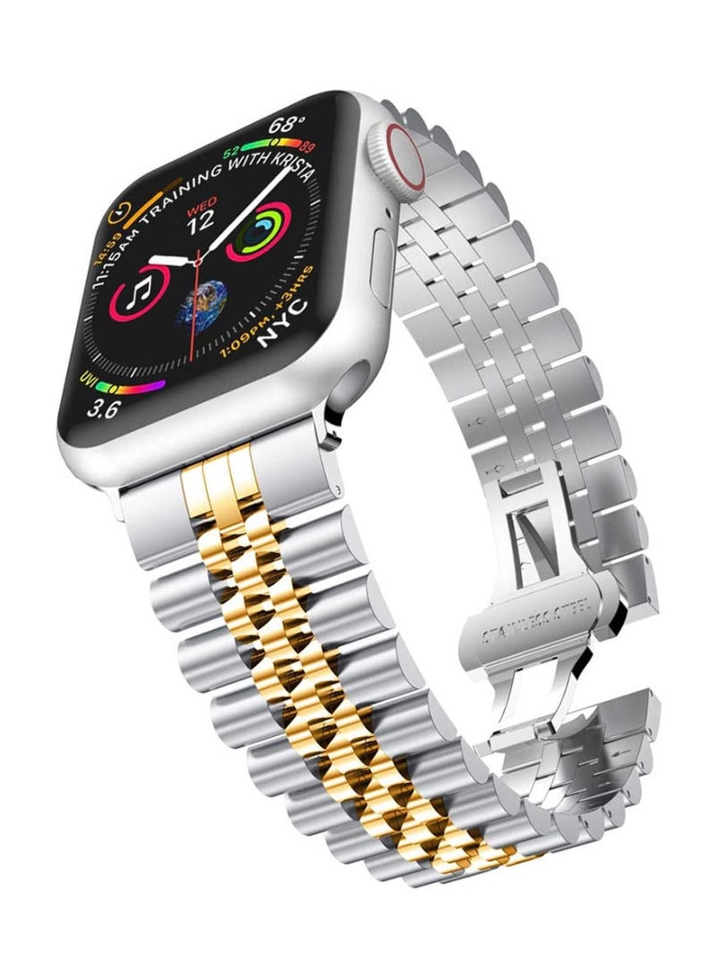 Caviar Compatible with Apple Watch Band 45mm, iWatch SE& Series 8 7 6 Band Replacement Stainless Steel Strap with Butterfly Folding Clasp Silver/Gold, 45mm