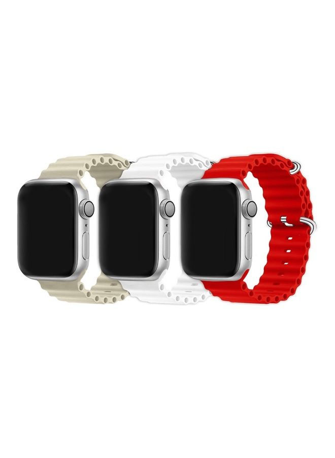 3Pack for Apple Watch Ocean Band 49mm 45mm 44mm 42mm Soft Silicone Loop Strap for iWatch Series Ultra/8/7/SE/6/5/4/3/2/1 Beige/White/Red