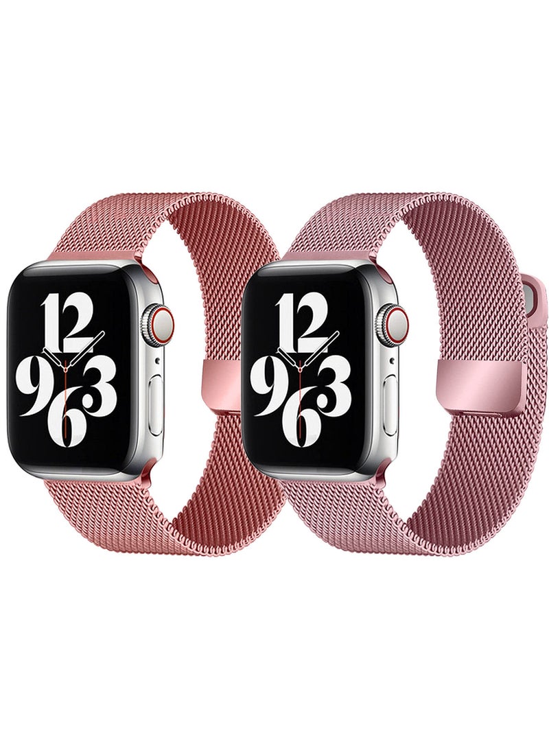 [set of 2] YOMNA Magnetic Metal Milanese Loop Band Compatible with Apple Watch Band 42mm 44mm 45mm 49mm, Mesh Strap Replacement for iWatch Series Ultra SE 8 7 6 5 4 3 2 1 (Tea Pink/Rose Gold)