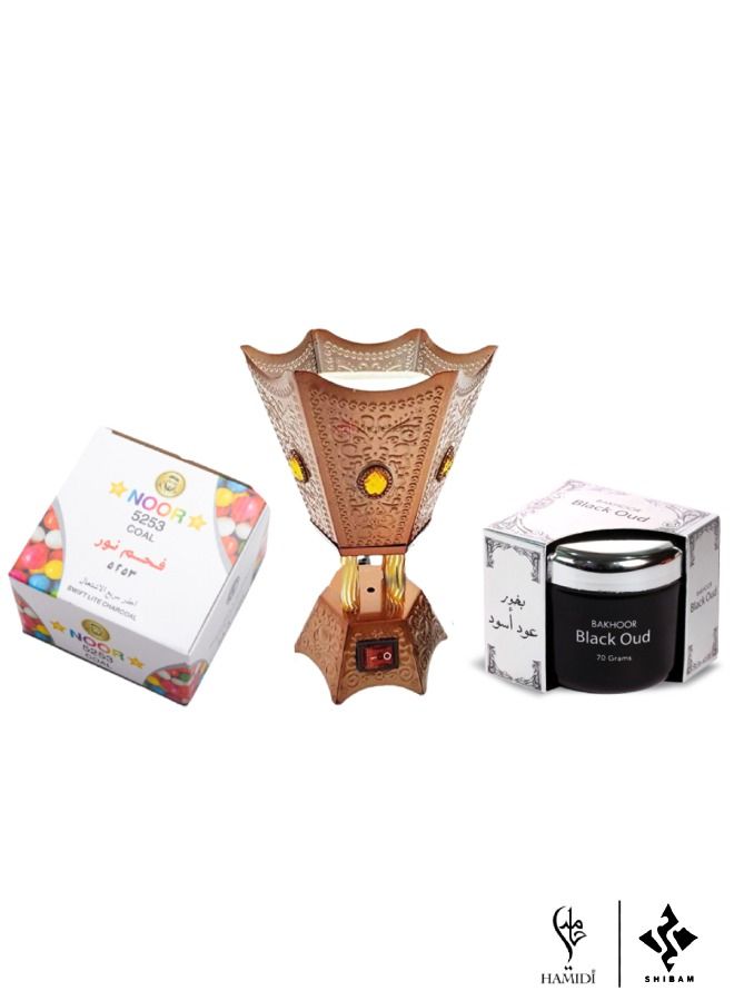 Home Fragrance Gift Set - Bakhoor Black Oud 70Gm | Noor 5253 Charcoal 80Pcs | Electric Incense Burner - (3Pcs Included)