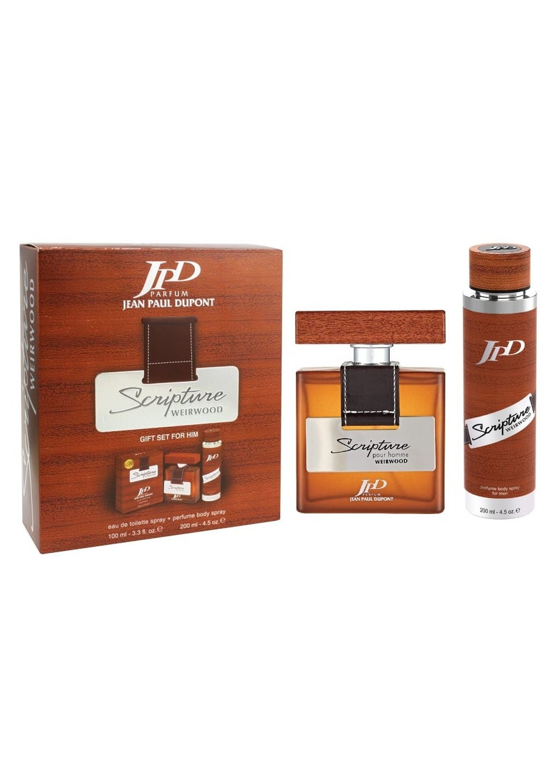 JPD Parfum Jean Paul Dupont Scripture Weirwood Gift Set for Men (Eau de Toilette Spray 100ml + Body Spray 200ml) Long Lasting Perfume Gift for Him