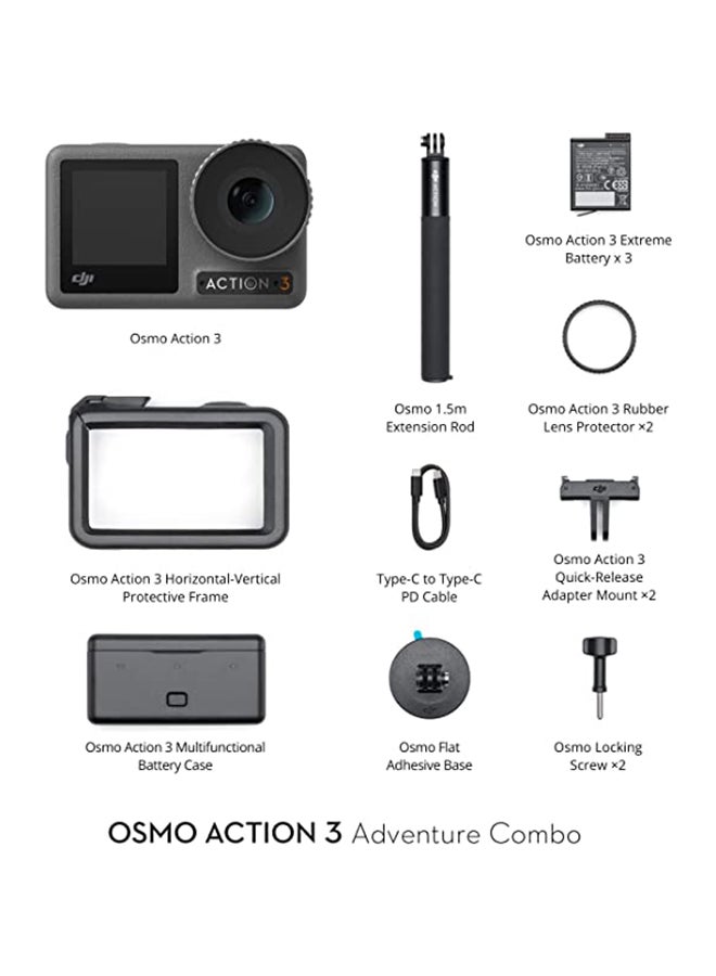 Osmo Action 3 Adventure Combo Waterproof Action Camera With 4K HDR 10-Bit Color Depth Horizon Steady Cold Resistant & Long-Lasting Extension Rod Vlogging Camera For YouTube