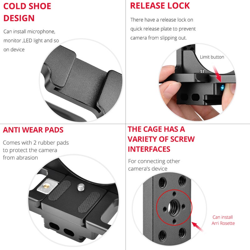 C15-B Camera Cage And Top Handle Kit Aluminum Alloy With Cold Shoe Mount Black