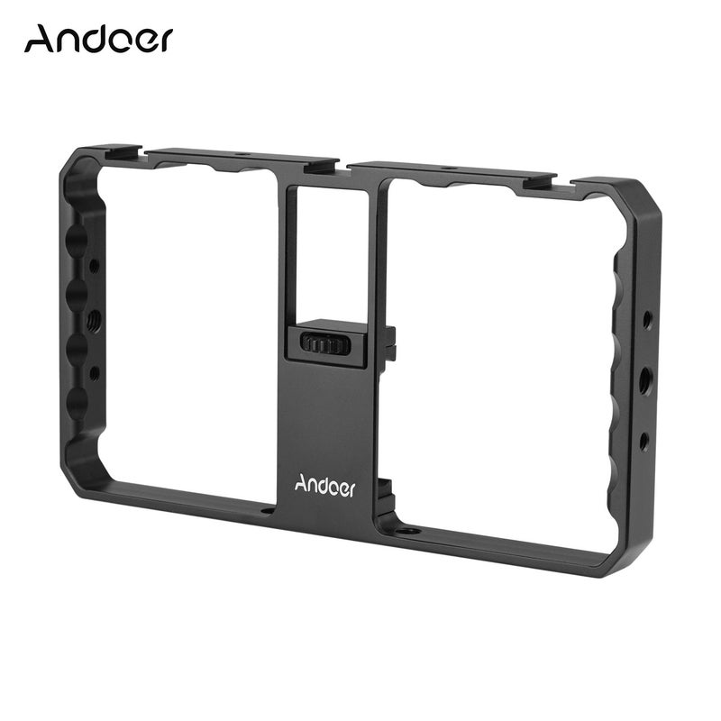 Smartphone Video Rig Cage Vlog Grip With Phone Clamp Triple Cold Shoe 1/4 3/8 Thread Black