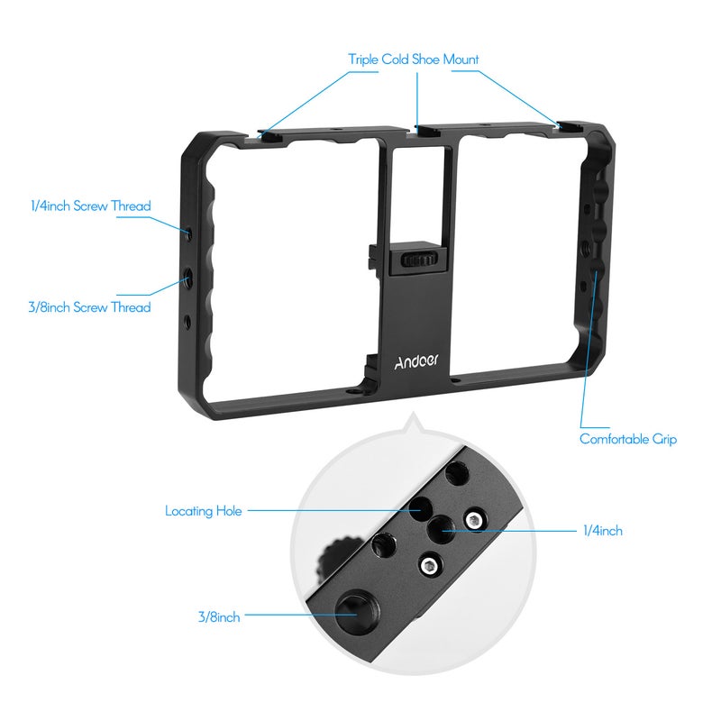 Smartphone Video Rig Cage Vlog Grip With Phone Clamp Triple Cold Shoe 1/4 3/8 Thread Black