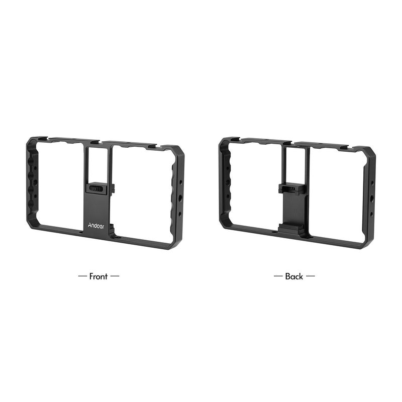 Smartphone Video Rig Cage Vlog Grip With Phone Clamp Triple Cold Shoe 1/4 3/8 Thread Black