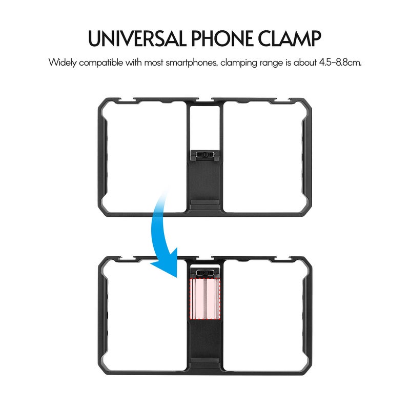 Smartphone Video Rig Cage Vlog Grip With Phone Clamp Triple Cold Shoe 1/4 3/8 Thread Black