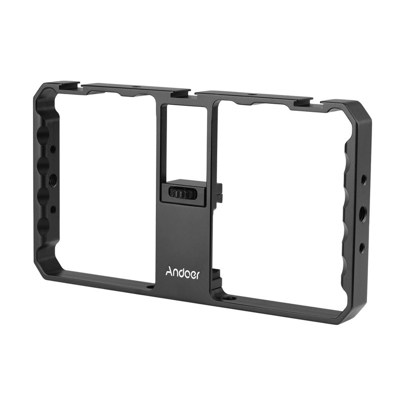 Smartphone Video Rig Cage Vlog Grip With Phone Clamp Triple Cold Shoe 1/4 3/8 Thread Black