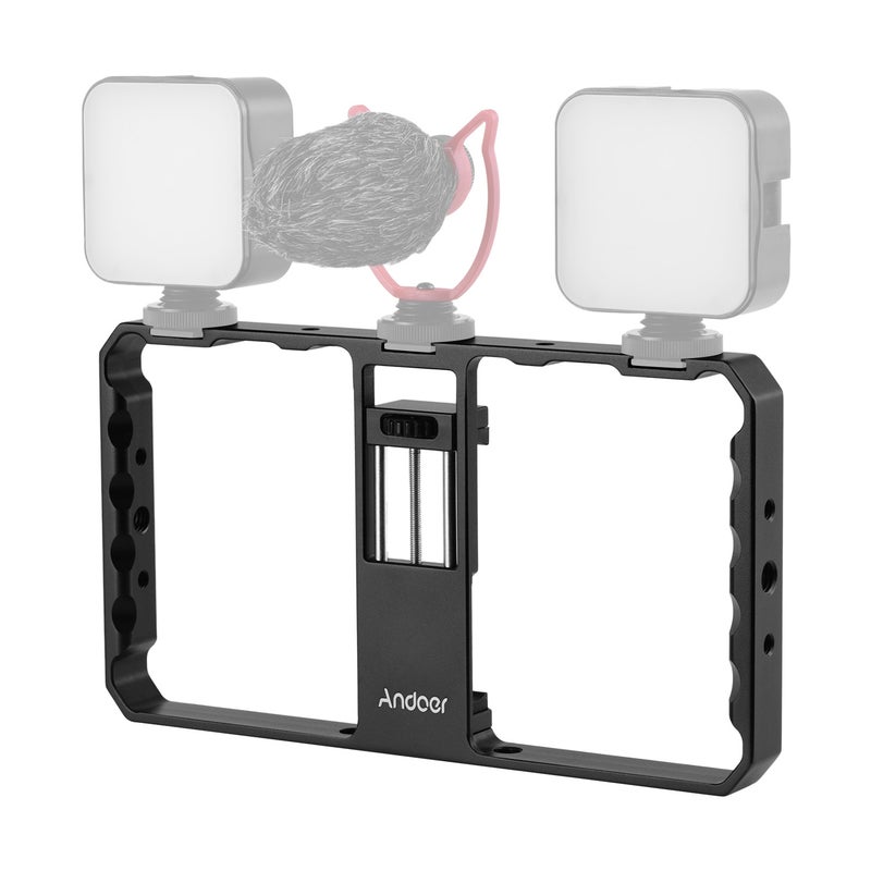Smartphone Video Rig Cage Vlog Grip With Phone Clamp Triple Cold Shoe 1/4 3/8 Thread Black