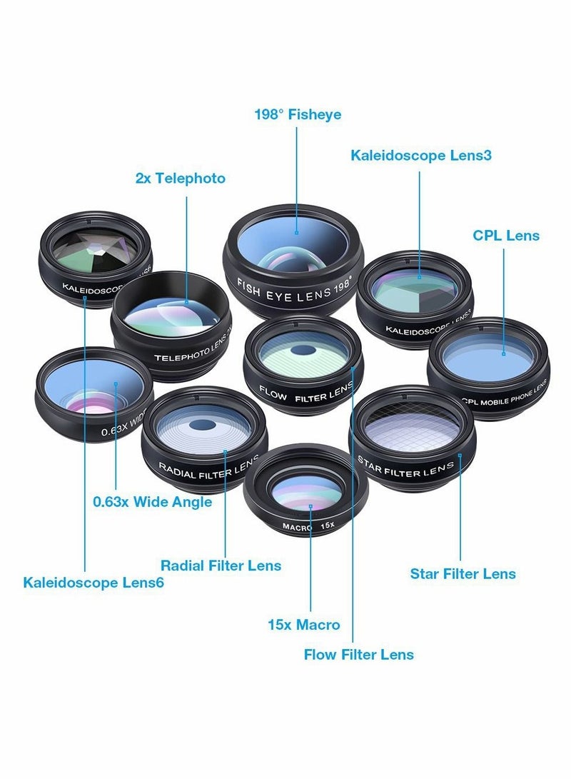 Phone Camera Lens Kit with 0.63X Wide Angle, 15X Macro, 198 Degree Fisheye, 2X Telephoto, CPL, Star Filter, Radial Filter, Flow Filter, Kaleidoscope 3, Kaleidoscope 6 Compatible with Android iPhone