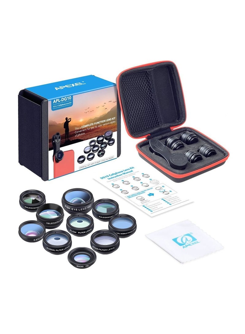 APEXEL 10 in 1 Phone Camera Lens Kit Fisheye Wide Angle Macro Lens CPL Filter Kaleidoscope and 2X Telescope Lens for Smartphone