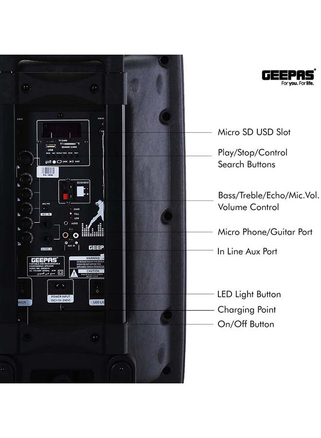 Rechargeable Portable Trolley Speaker System With USB/Bluetooth/SD Card Slots/FM Radio GMS8519 Black