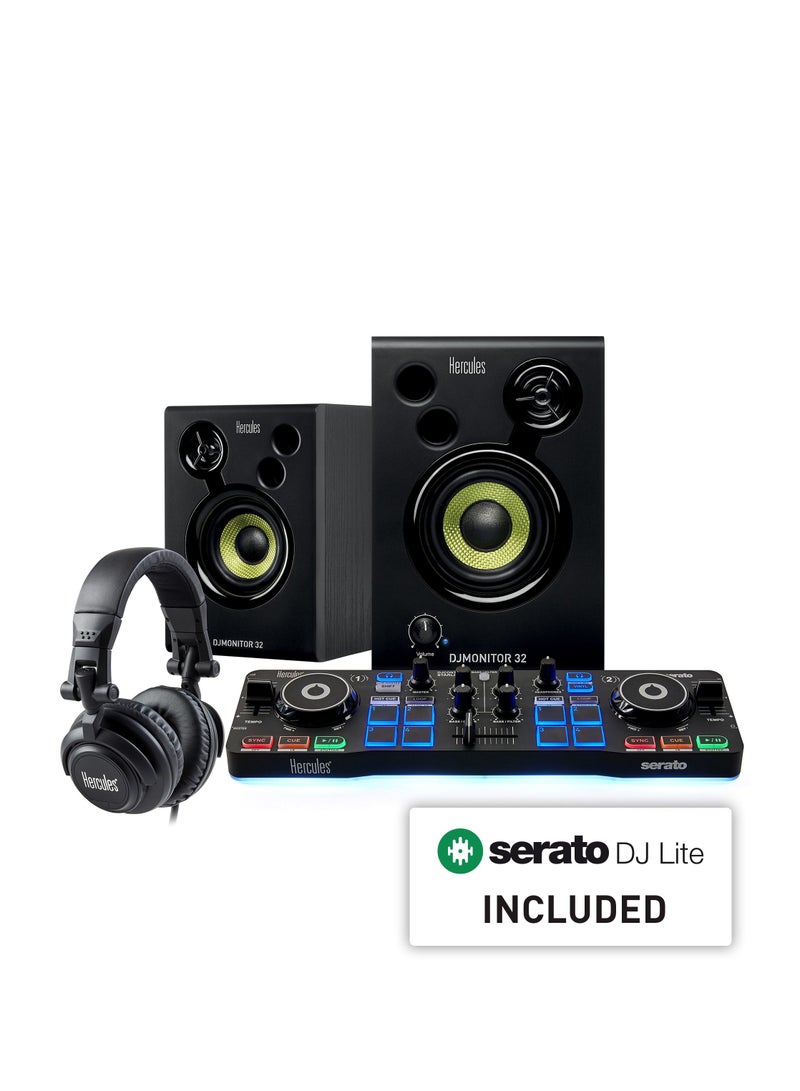 Hercules DJ Starter Kit | Starlight USB DJ Controller with Serato DJ Lite Software, 15-Watt Monitor Speakers, and Sound-Isolating Headphones
