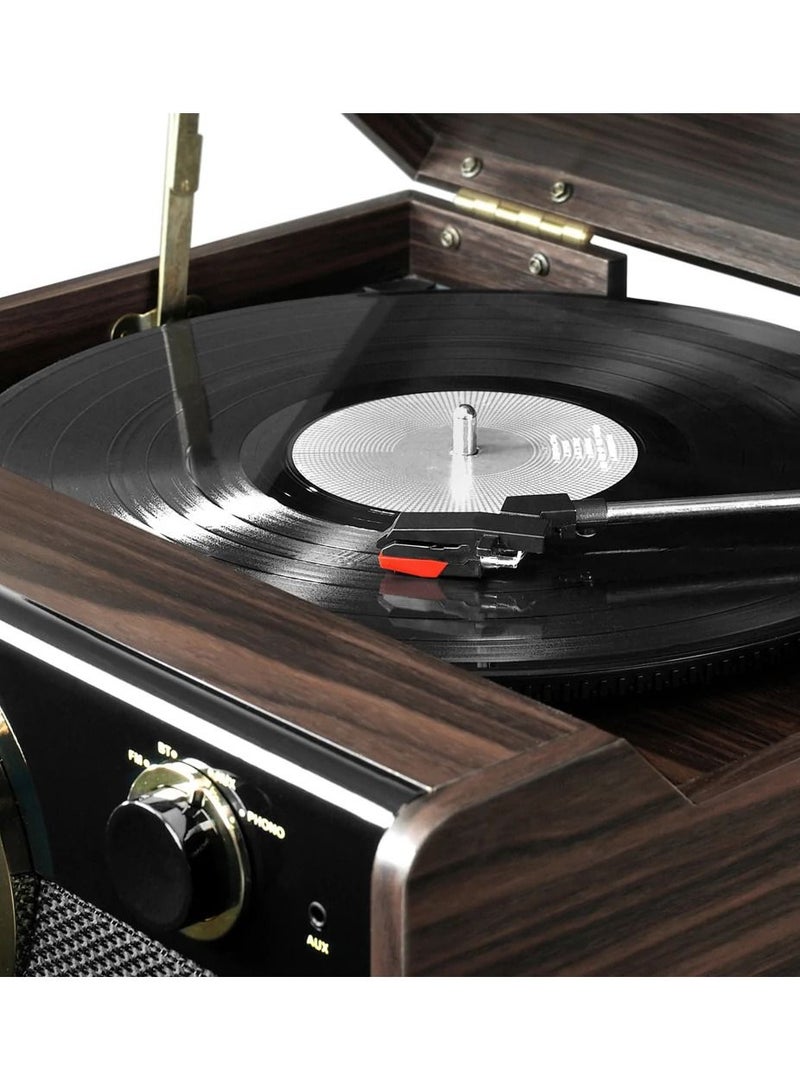 Victrola Empire 6 in 1 Bluetooth Vinyl Record Player with 3 Speed Turntable CD Player Cassette Player Radio Built in Speakers Aux In RCA Line Out Complete Wooden Music Center