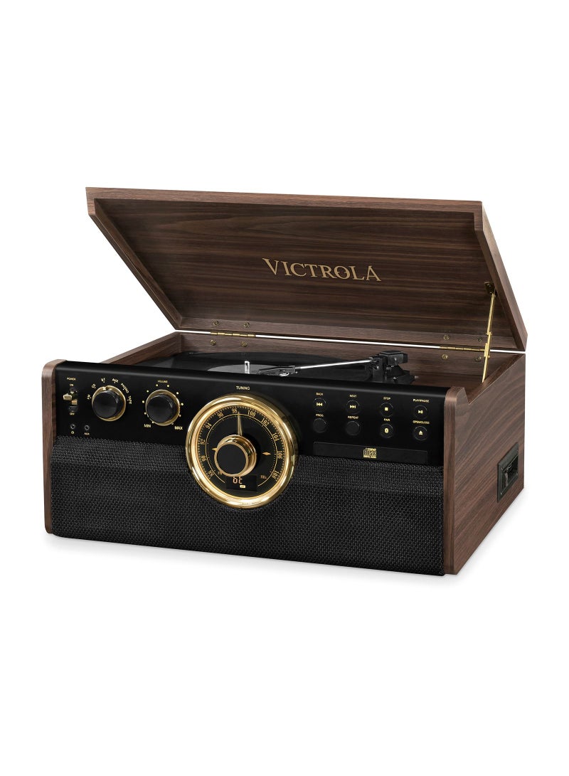 Victrola Empire 6 in 1 Bluetooth Vinyl Record Player with 3 Speed Turntable CD Player Cassette Player Radio Built in Speakers Aux In RCA Line Out Complete Wooden Music Center