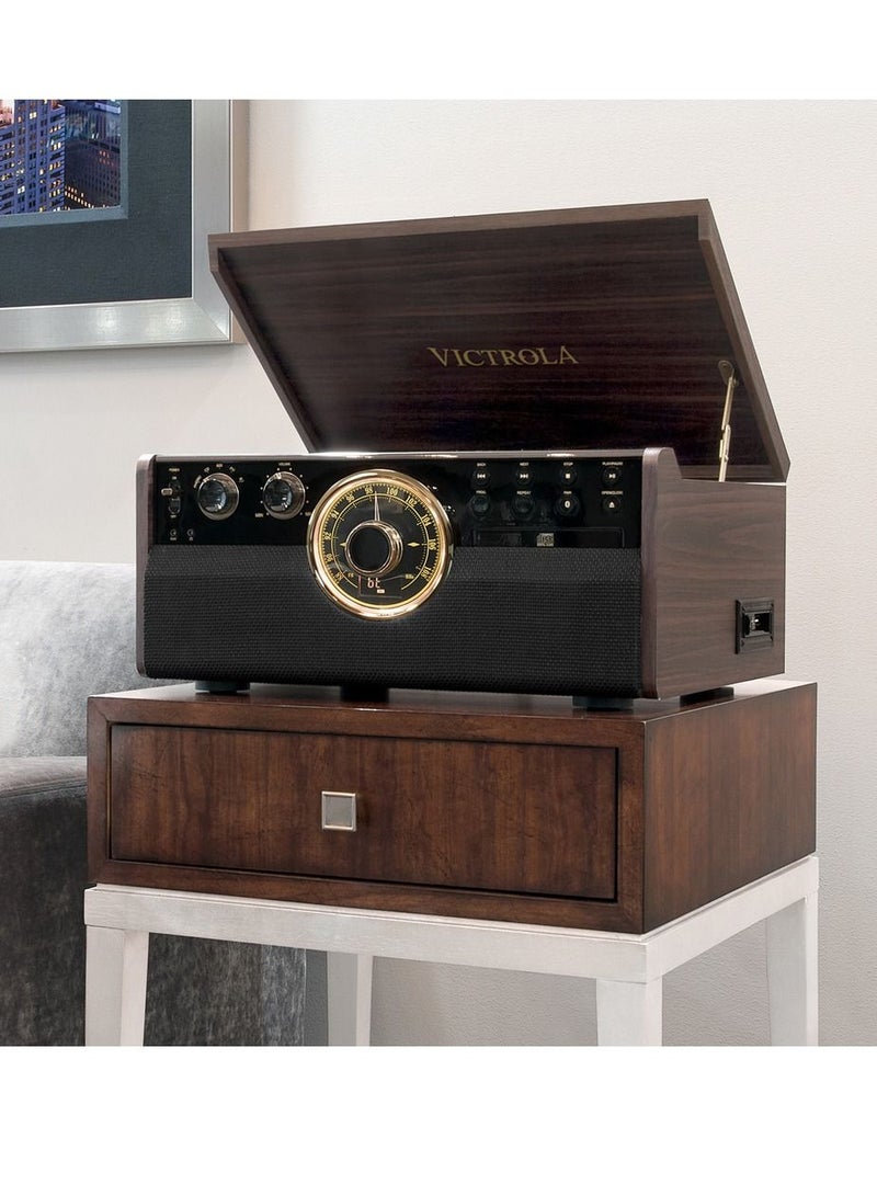 Victrola Empire 6 in 1 Bluetooth Vinyl Record Player with 3 Speed Turntable CD Player Cassette Player Radio Built in Speakers Aux In RCA Line Out Complete Wooden Music Center