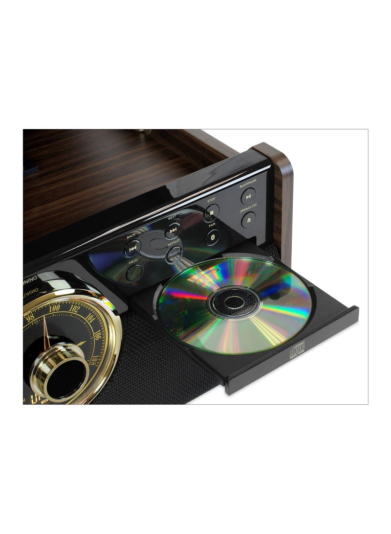 Victrola Empire 6 in 1 Bluetooth Vinyl Record Player with 3 Speed Turntable CD Player Cassette Player Radio Built in Speakers Aux In RCA Line Out Complete Wooden Music Center