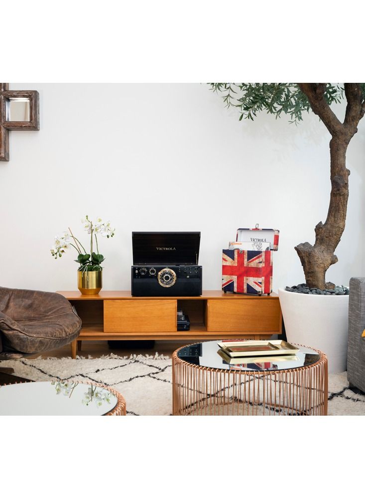 Victrola Empire 6 in 1 Bluetooth Vinyl Record Player with 3 Speed Turntable CD Player Cassette Player Radio Built in Speakers Aux In RCA Line Out Complete Wooden Music Center