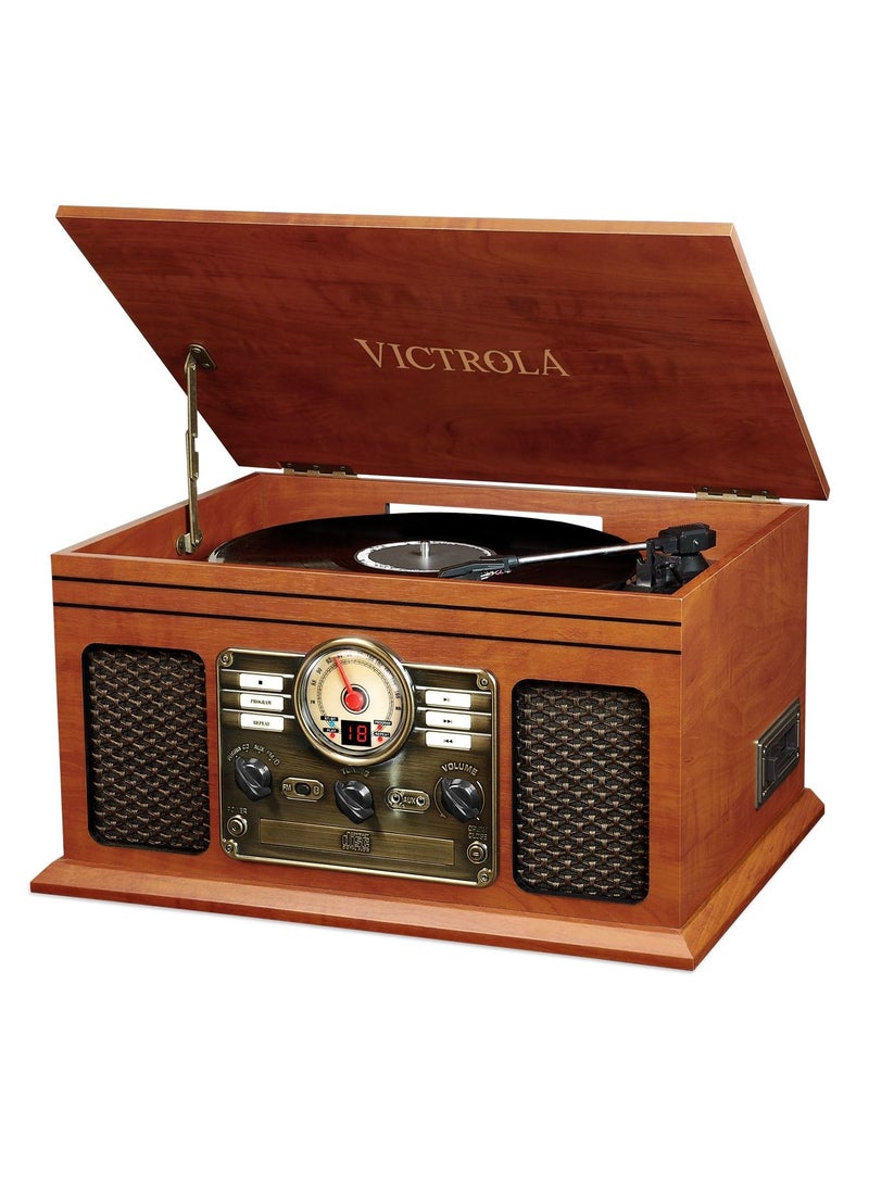 Victrola 6 in 1 Nostalgic Bluetooth Record Player and Multimedia Music Center with Built in Speakers 3 Speed Turntable CD and Cassette Player and FM Radio in Mahogany Design