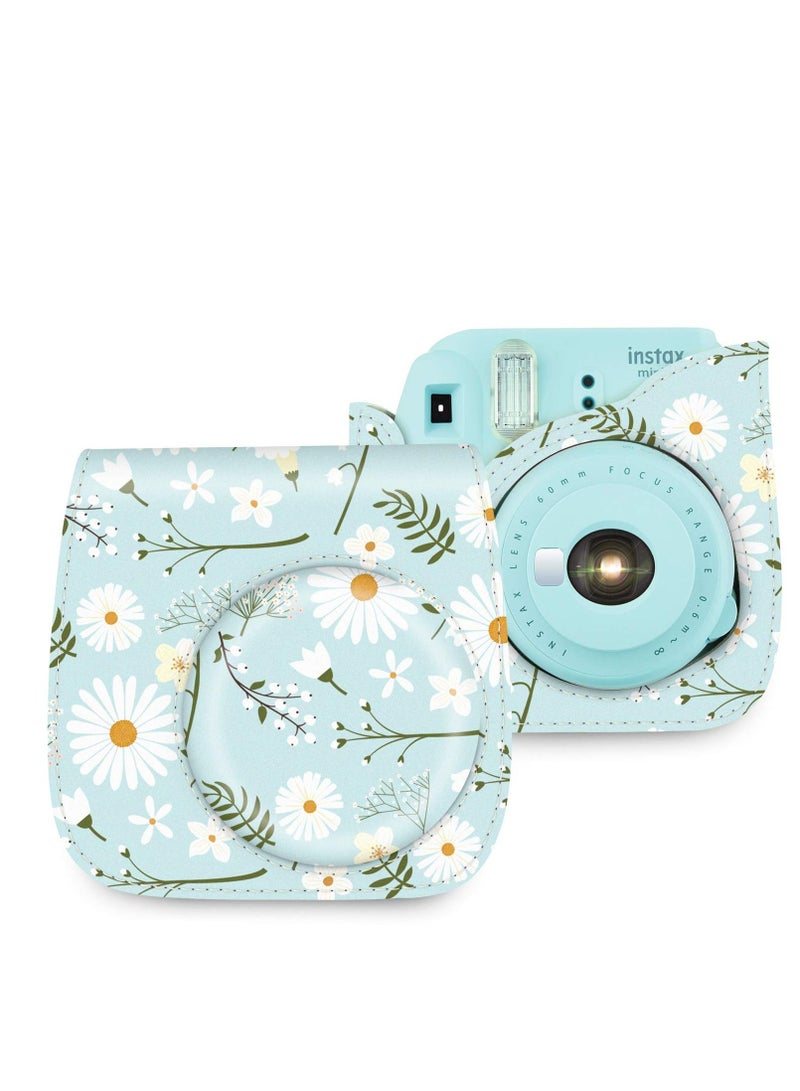 Camera Bag Camera Protection Bag Vintage Floral PU Leather Camera Storage Bag with Shoulder Strap for Instax Mini 11 Fresh Green Small Daisy Camera Bag