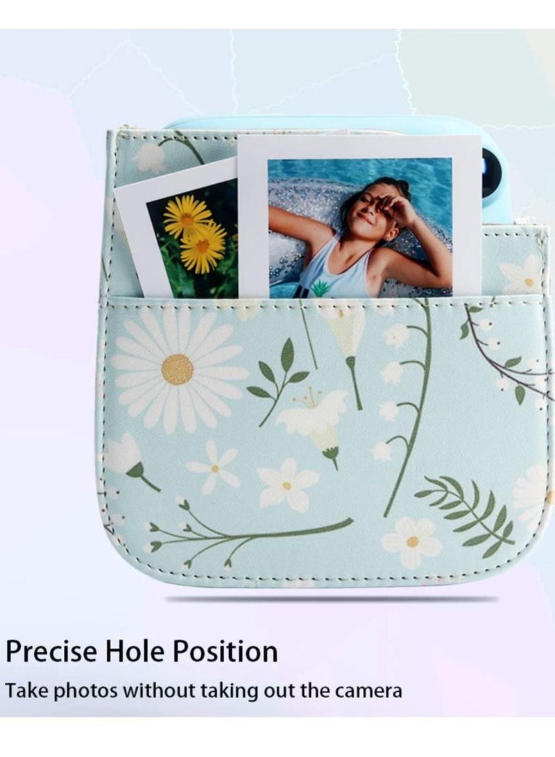 Camera Bag Camera Protection Bag Vintage Floral PU Leather Camera Storage Bag with Shoulder Strap for Instax Mini 11 Fresh Green Small Daisy Camera Bag