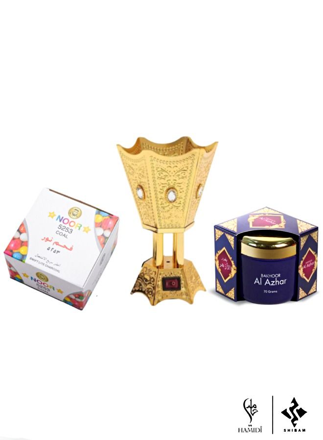 Home Fragrance Gift Set - Bakhoor Al Azhar 70Gm | Noor 5253 Charcoal 80Pcs | Electric Incense Burner - (3Pcs Included)