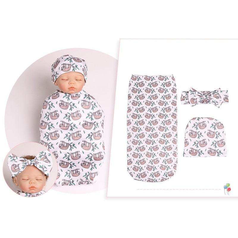 3Pieces Cartoon Sleeping Bag Hat Bowknot Headband  Baby's Swaddle Blanket Set