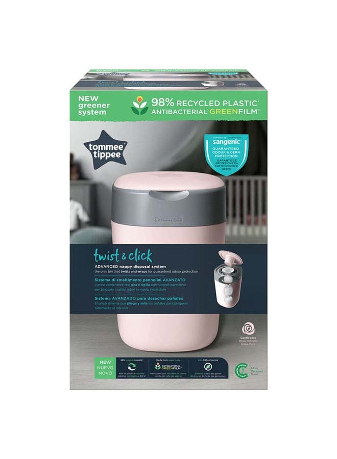 Twist And Click Advanced Nappy Bin, Eco-Friendlier System, Includes 1x Refill Cassette With Sustainably Sourced Antibacterial Greenfilm, Pink