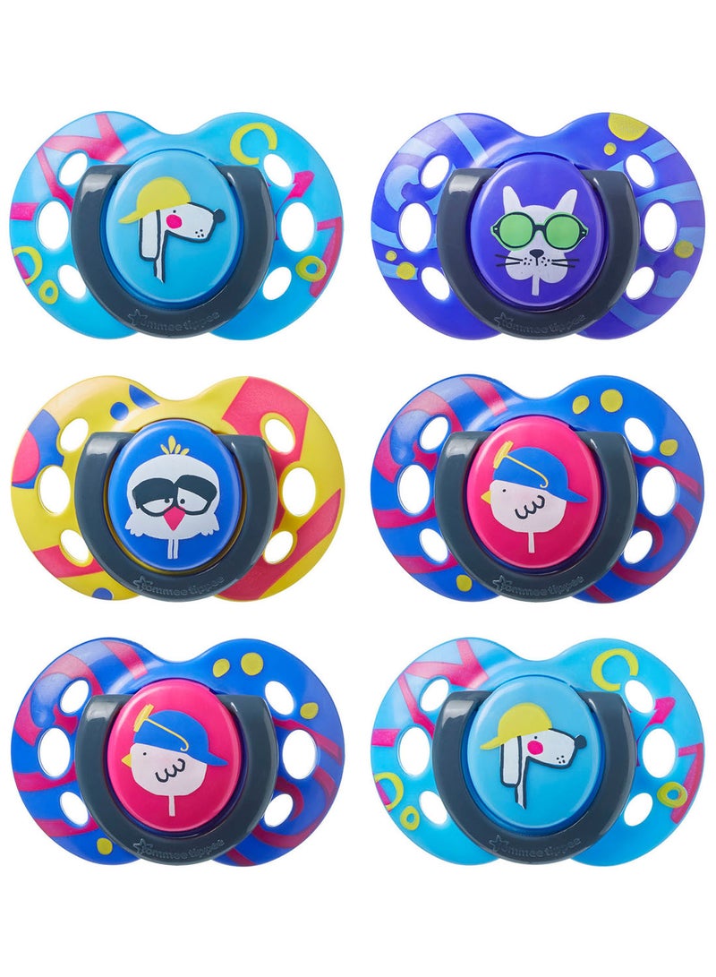 Pack Of 6 Fun Style Soothers Symmetrical Orthodontic Design BPA-Free Silicone Baglet For 6-18 Months Multicolour