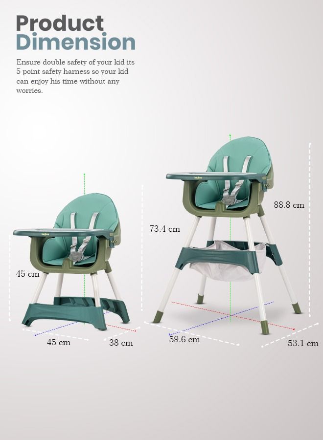 2 In 1 Manta Baby High Chair For Kids Baby Feeding Chair With 2 Adjustable Height Footrest Safety Belt Baby Booster Seat For Baby With Tray Kids High Chair For Baby 6 Months To 4 Years Green