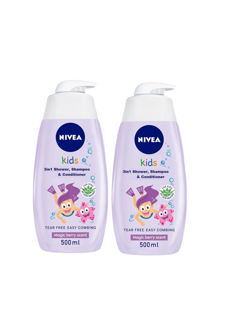 Kids 3in1 Shower Shampoo and Conditioner Bio Aloe Vera Magic Berry Scent 500ml Pack of 2