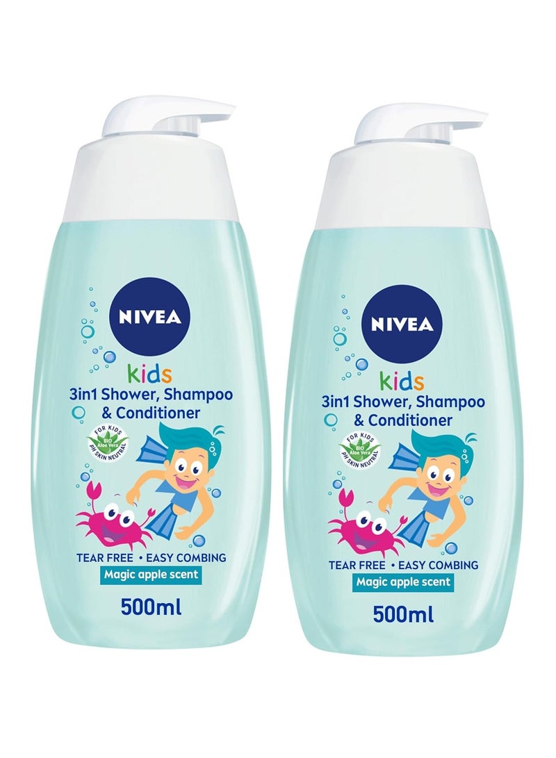 Kids 3in1 Shower Shampoo and Conditioner Bio Aloe Vera Magic Apple Scent 500ml Pack of 2