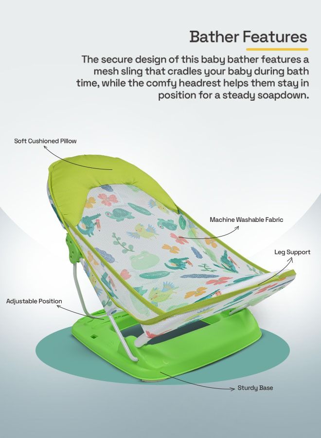 Baby Bather For New Born Babies Foldable Baby Bath Seat Chair With 3 Position Recline Baby Bath Sling Training Seat With Soft Mesh Support Bather For Baby 0 To 12 Months Boy Girl Green