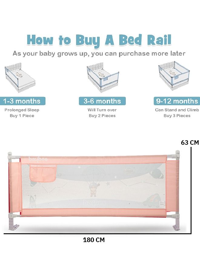 Bed Rail Guard Barrier For Baby Portable Safety Foldable Adjustable Height Falling Protector Fence Bedrail Single Side For Toddler 180 X 63Cm Pink