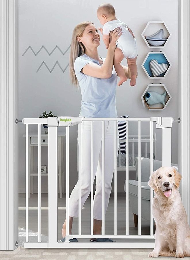 Auto Close Baby Safety Gate Size 75 - 85+10Cm Extra Tall Wide Baby Child Gate Easy Walk Thru Pet Dog Gate For House Doorway Staircases Indoor Auto Close Safety Baby Gate 75-85+10 Cm White