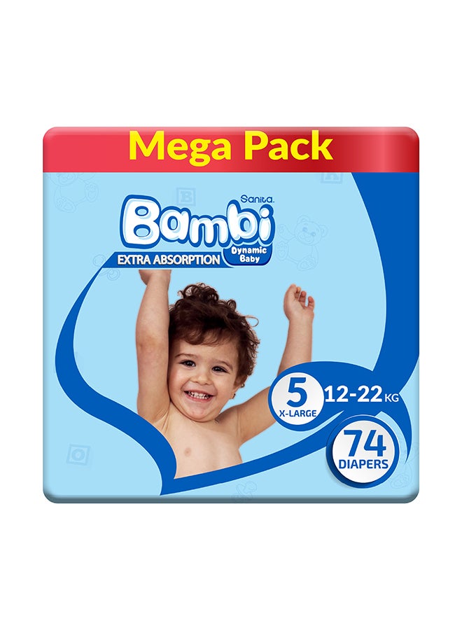 Size 5, Xl, 12-22 Kg, Mega Pack, 74 Diapers