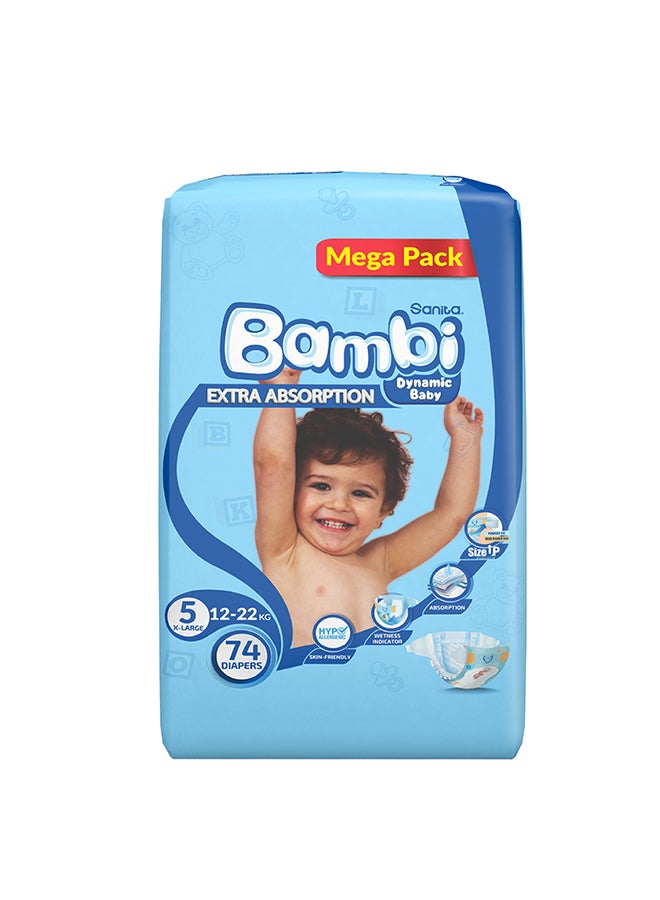 Size 5, Xl, 12-22 Kg, Mega Pack, 74 Diapers